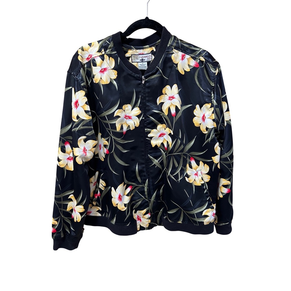 Caribbean Joe Woman Bomber Jacket Black Tropical Floral Lily Print Size 1X